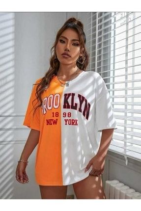 Turuncu Beyaz Brooklyn Baskılı Oversize Kadın Beyaz T-shirt turuncubrooklyn