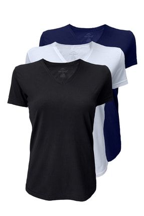 Kadın Lacivert Beyaz Siyah 3 Lü Paket Basic V Yaka Ince Modal T-shirt 3m7051 3M7051