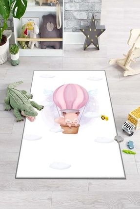 Pembe Uçan Balonlu Tilki Desenli Çocuk Bebek Odası Halısı elsedekoresmodel3