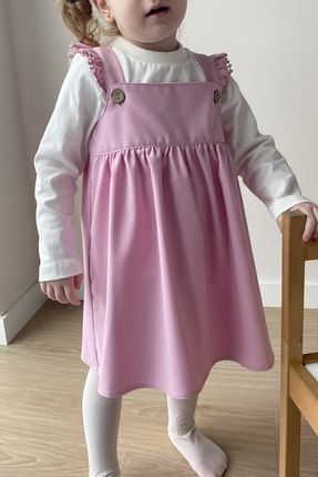 Kız Çocuk Bebek Pamuklu Pembe Ince Gabardin Güpürlü Fırfır Askılı Jile Elbise E36