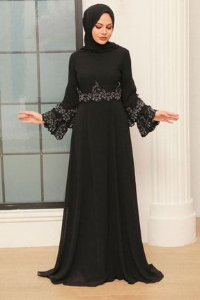 Tesettürlü Abiye Elbise - Boncuk Işlemeli Siyah Tesettür Abiye Elbise 9181s PPL-9181
