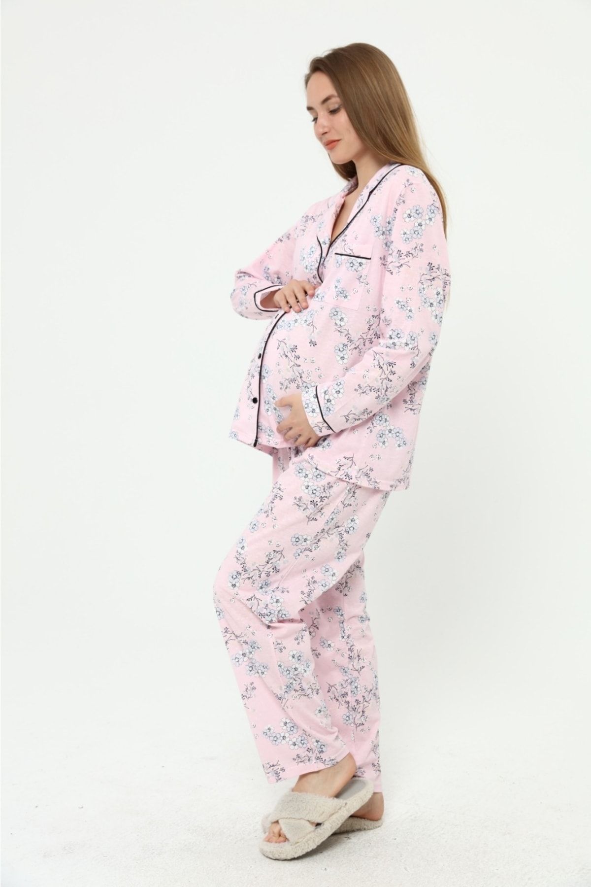 Nehir tekstil-Front Buttoned Plus Size Combed Cotton Maternity Pajama Set 4