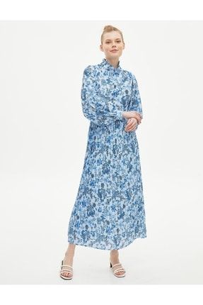 Çiçek Desenli Eteği Pileli Elbise Açık Mavi KA-B22-23051