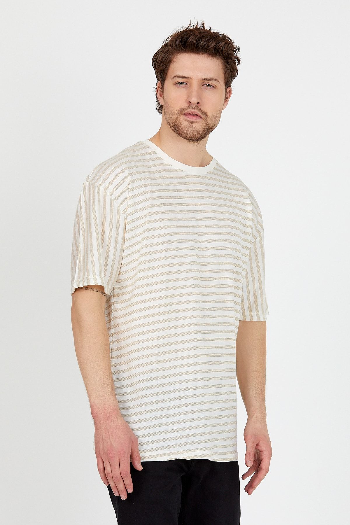 Ben Vestito Unisex Striped Beige Oversize Crew Neck T shirt Trendyol