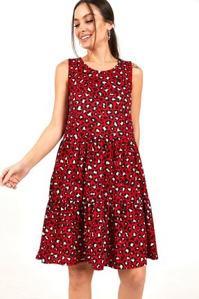 Kadın Kırmızı Leopar Desenli Fırfırlı Kolsuz Elbise ARM-22Y001062