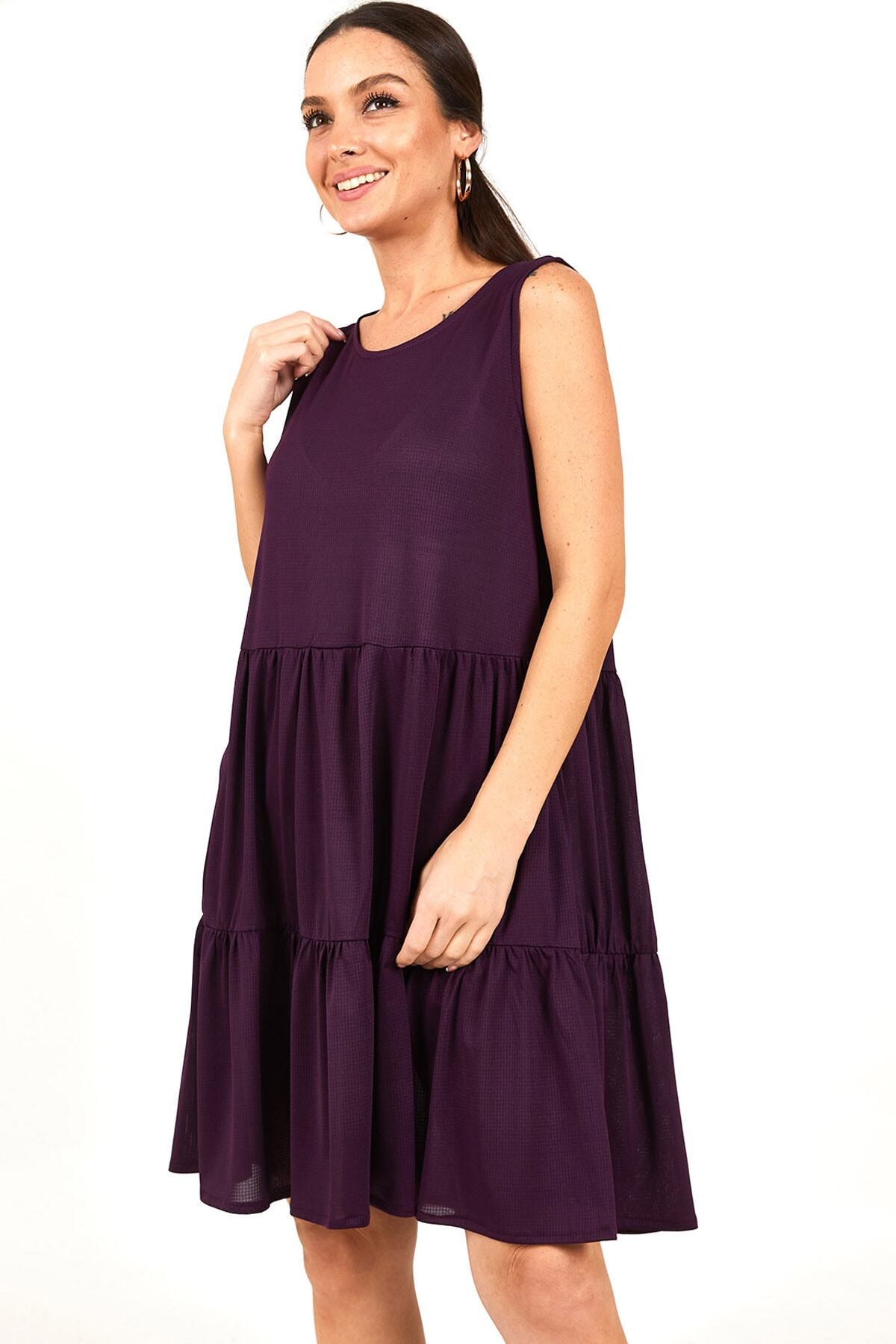 armonika-Pflaumenfarbenes Damenkleid mit Trägerrock und Rüschen, ARM-22Y001073 3