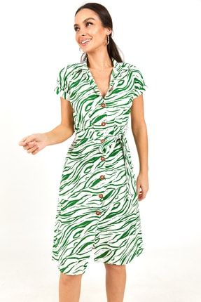 Kadın Yeşil Zebra Desenli Kemerli Kısa Kol Gömlek Elbise ARM-22Y001054