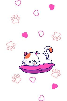 Kedi , Pati Ve Kalp Sticker | Çıkartma Etiket org0025