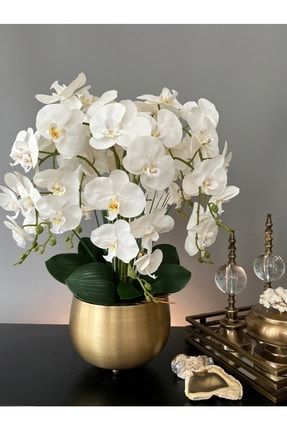 Luxury Islak Yapay Orkide Aranjman Eskitme Mat Gold Renk Saksı 147258LUX7JESMG