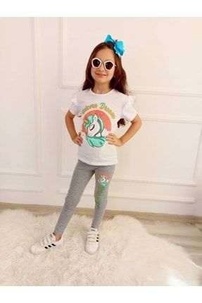 Kız Çocuk Unicorn Dreams 2'li T-shirt-tayt Takımı Beyaz NİSA1066