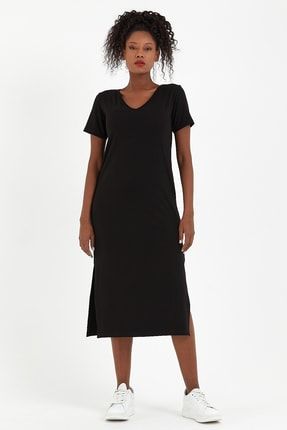 Siyah Bol Kesim Yırtmaçlı Kalem Elbise ST-051