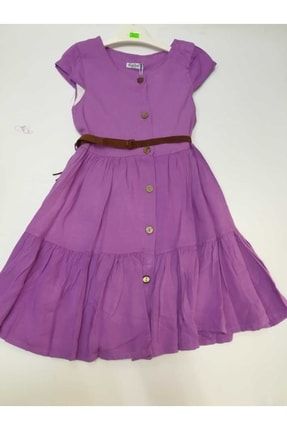 Mor Kız Çocuk Kısa Kollu Önü Düğmeli Elbise 3429