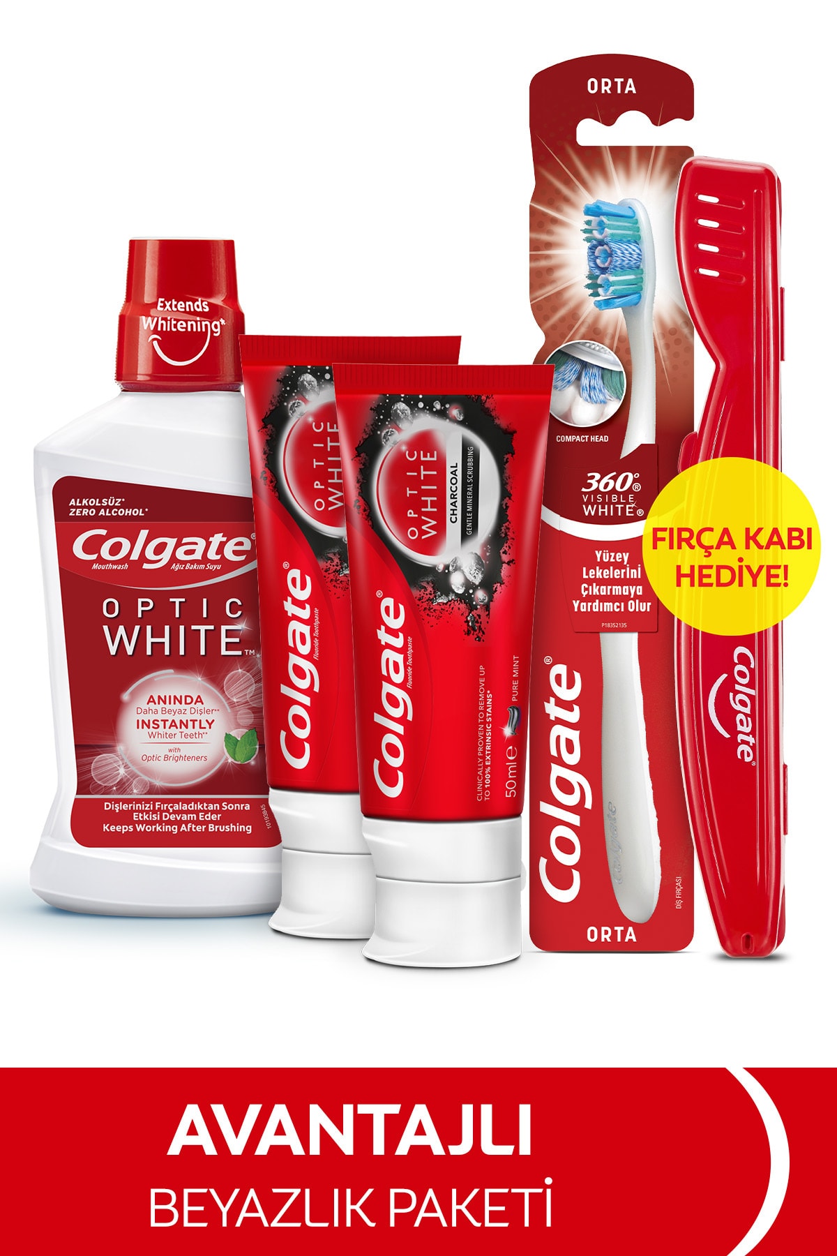 Colgate Optic White Diş Macunu 50 Ml x2, 360 Orta Diş Fırçası, Ağız Bakım Suyu 250 Ml+Fırça Kabı