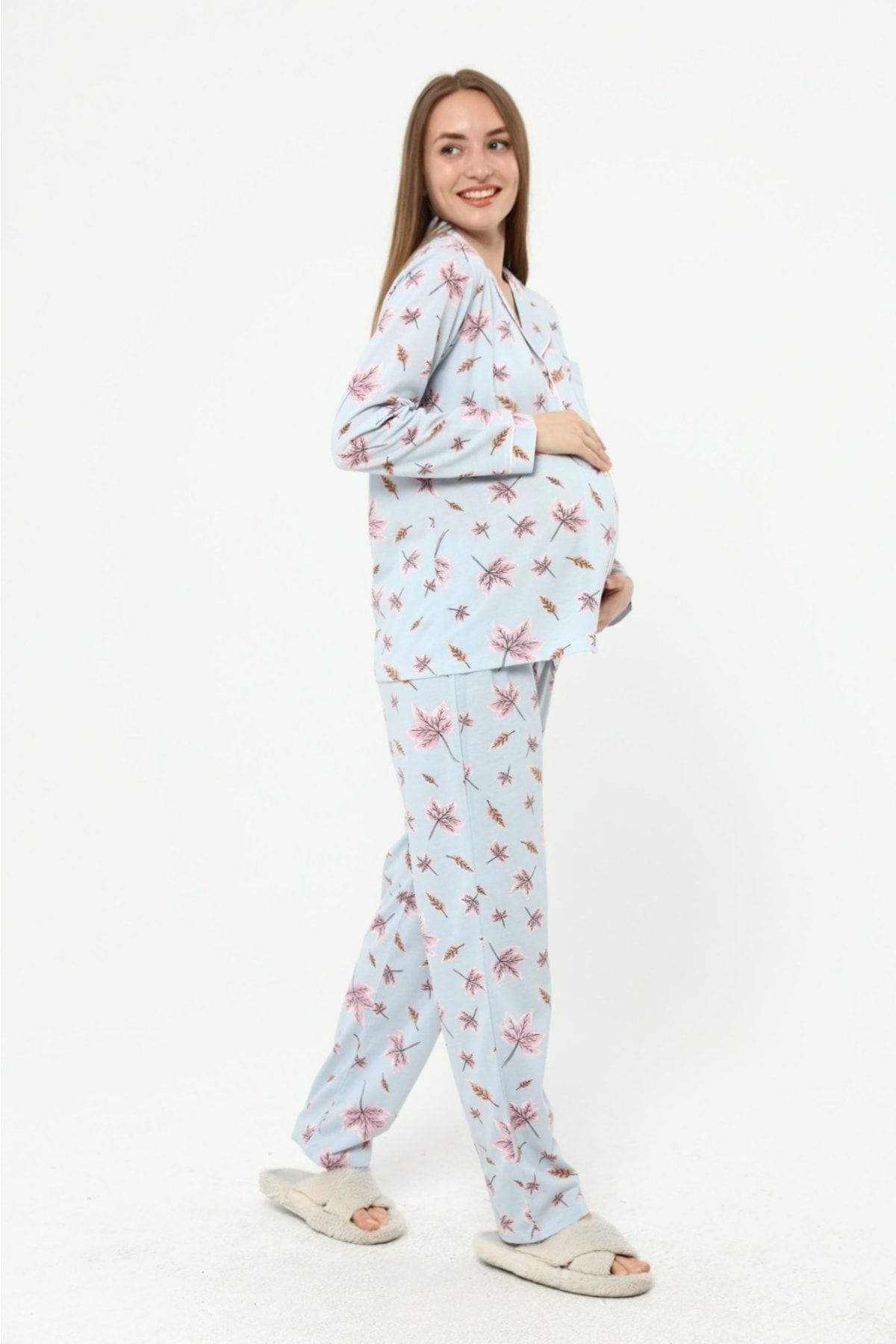 Nehir tekstil-Front Buttoned Plus Size Combed Cotton Maternity Pajama Set 2