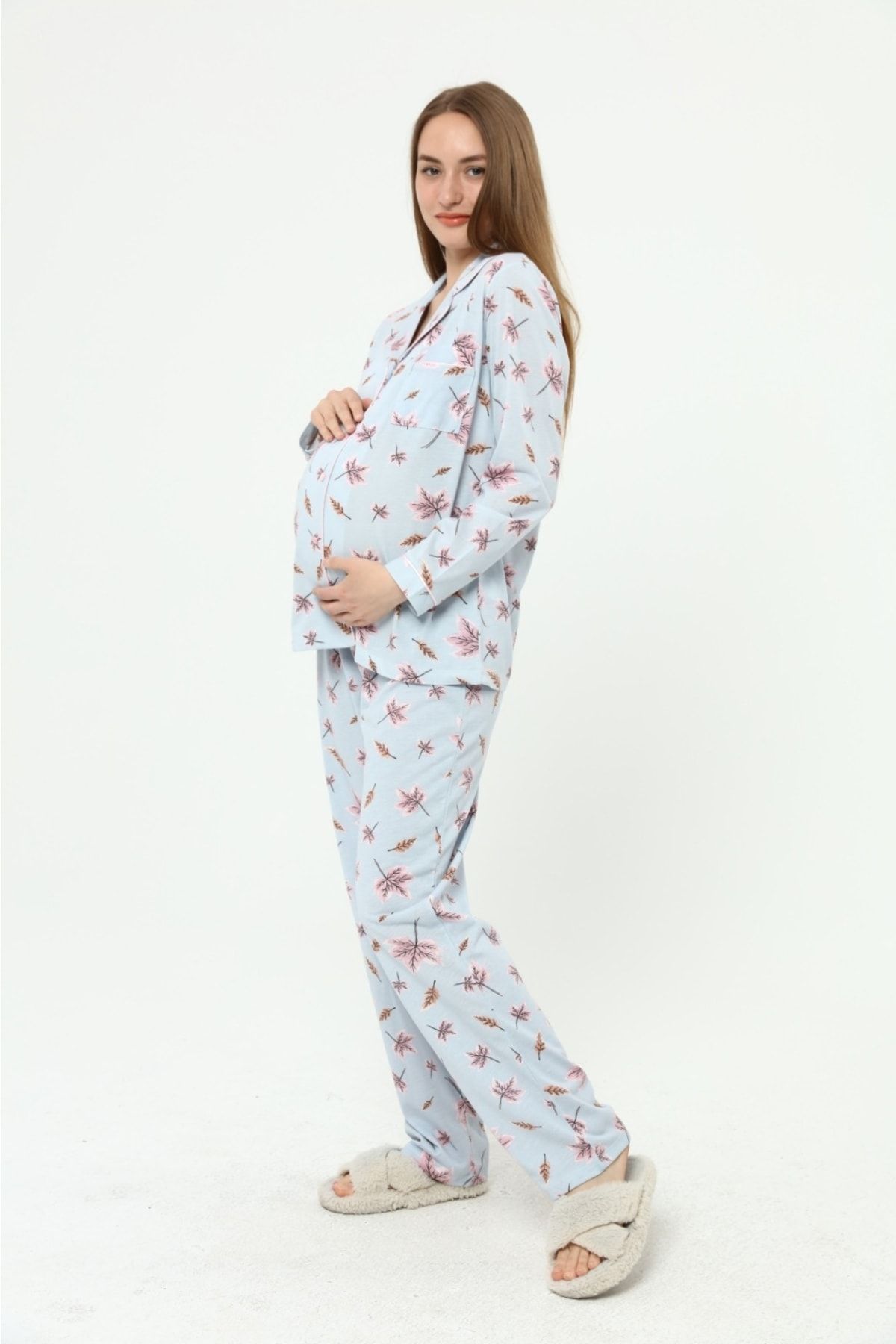 Nehir tekstil-Front Buttoned Plus Size Combed Cotton Maternity Pajama Set 3
