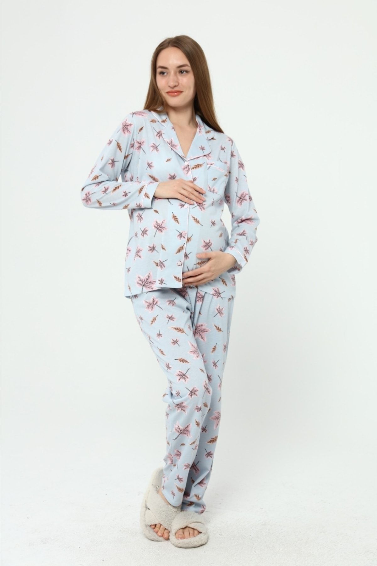 Nehir tekstil-Front Buttoned Plus Size Combed Cotton Maternity Pajama Set 5