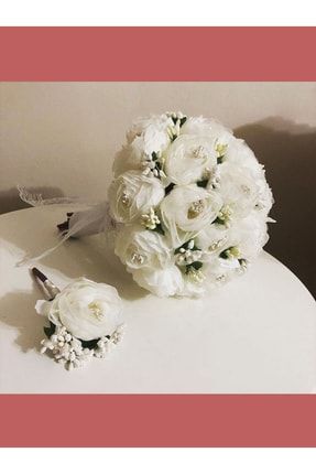 Tül Beyaz Gelin Buketi &damat Yaka Çiçeği SÜSLÜA43