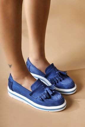 Roxie Mavi Püskül Detaylı Süet Oxford Loafer Ayakkabı 22LZ2015