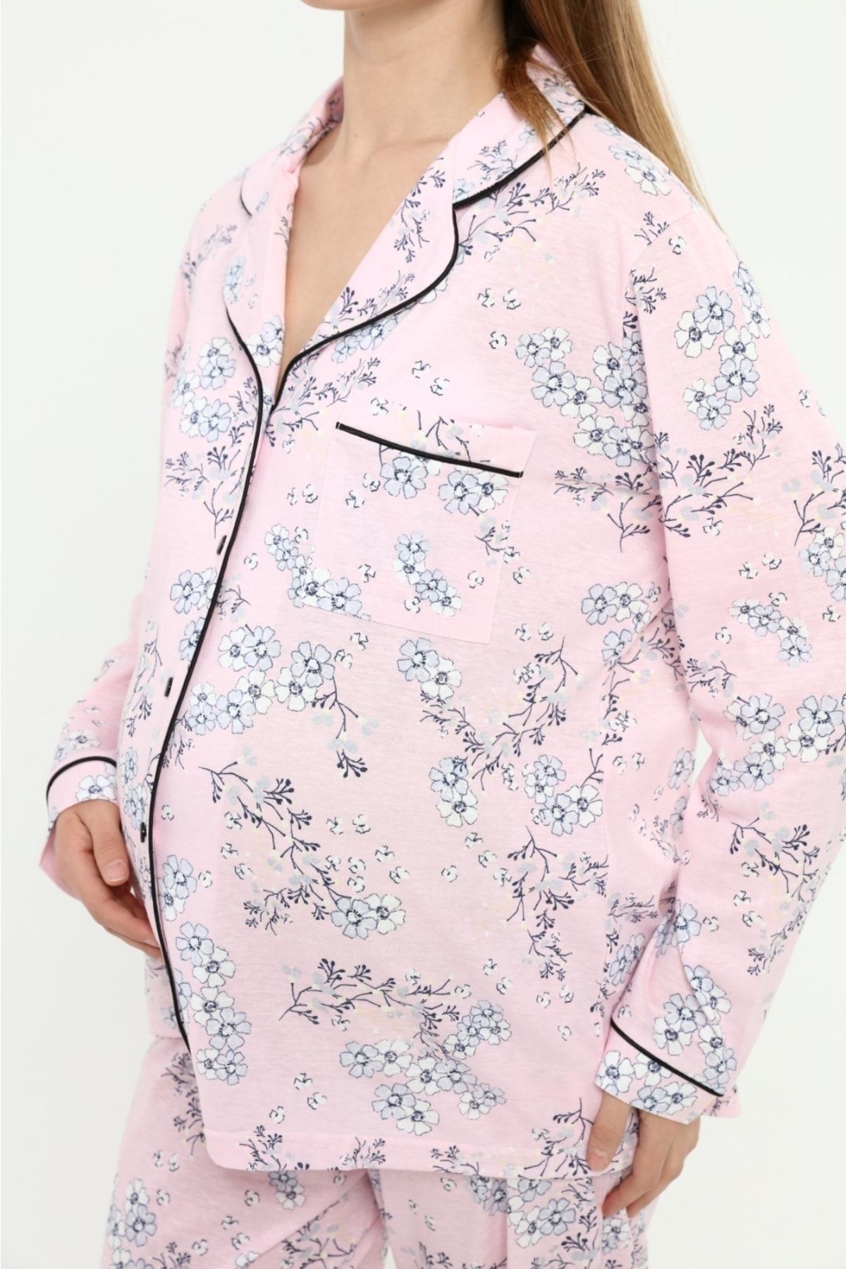 Nehir tekstil-Front Buttoned Plus Size Combed Cotton Maternity Pajama Set 3