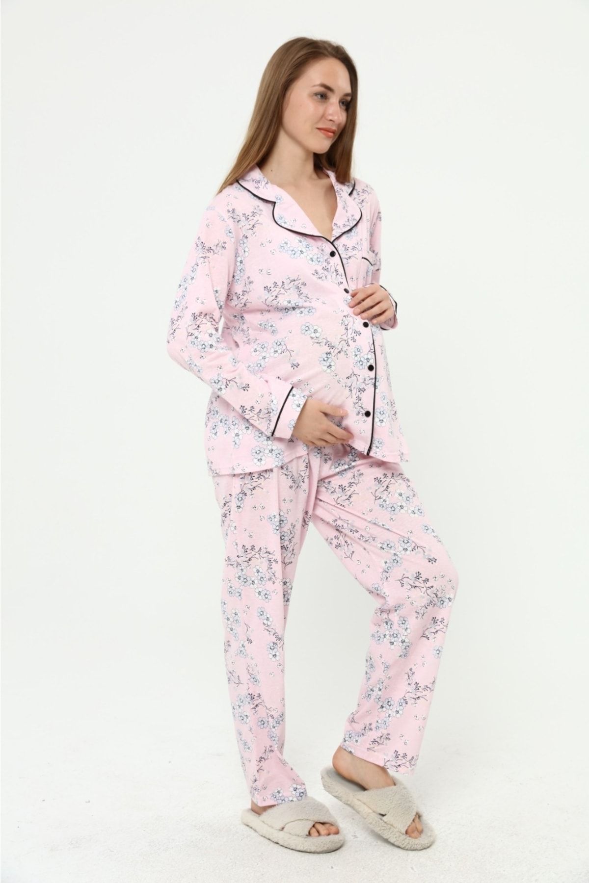 Nehir tekstil-Front Buttoned Plus Size Combed Cotton Maternity Pajama Set 8