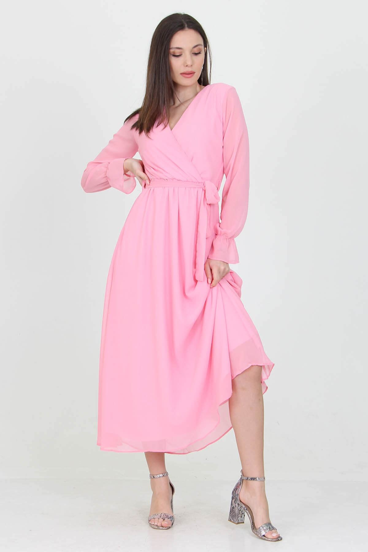 Women's Powder New Season Lined Wrap Collar Long Chiffon Dress Nb003