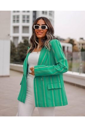 Hayal Kadın Yeşil Gold Çizgili Blazer Ceket Nisam018