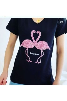 Flamingo Nakışlı %100 Pamuk Siyah T-shirt gly2502