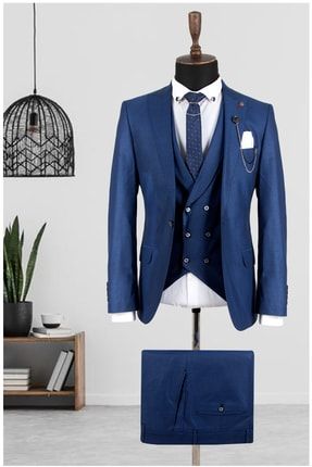 Erkek Mavi Nokta Desenli Italyan Kesim 3'lü Takım Elbise 2201185 OWEEY2201185