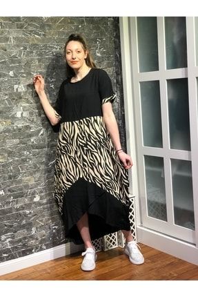 Kadın Siyah Renk Leopar Desen Yarım Kol Uzun Boy Garnili Empirme Yazlık Elbise 02948