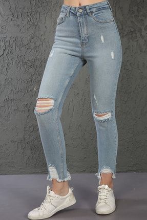 Kadın Mavi Paça Saçaklı Yırtık Lazerli Esnek Likralı Skinny Jeans Kot Pantolon G1215A