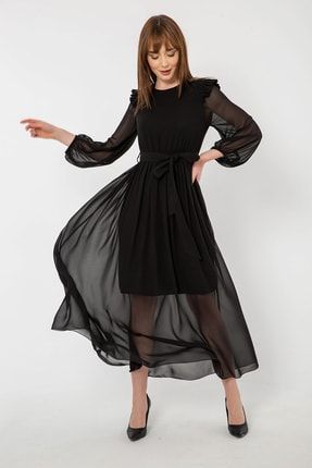 Siyah Prenses Kol Kuşaklı Şifon Elbise 22L7218