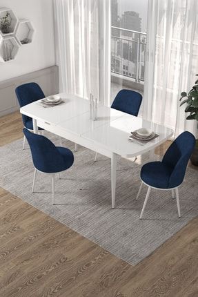 Kor Serisi 70x114 Açılabilir Mutfak Masası Takımı, Beyaz Masa+4 Lacivert Sandalye CN32KORBYZ4