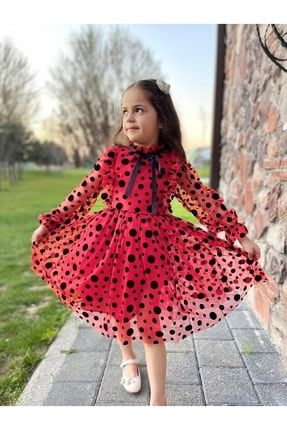 Kız Çocuk Puantiyeli Kırmızı Şifon Elbise jojo20011
