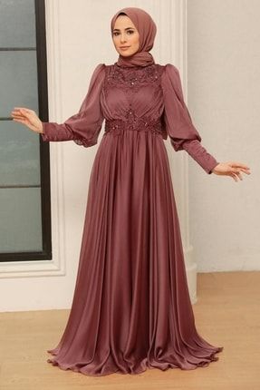 Tesettürlü Abiye Elbise - Boncuk Işlemeli Kahverengi Tesettür Abiye Elbise 22101kh EGS-22101