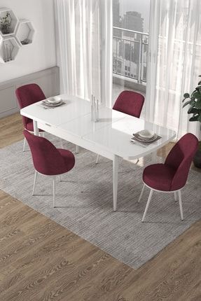 Kor Serisi 70x114 Açılabilir Mutfak Masası Takımı, Beyaz Masa+4 Bordo Sandalye CN32KORBYZ4