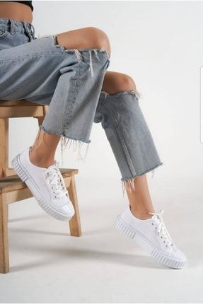 Kadın Beyaz Keten Bağcıklı Sneaker Spor Ayakkabı k47