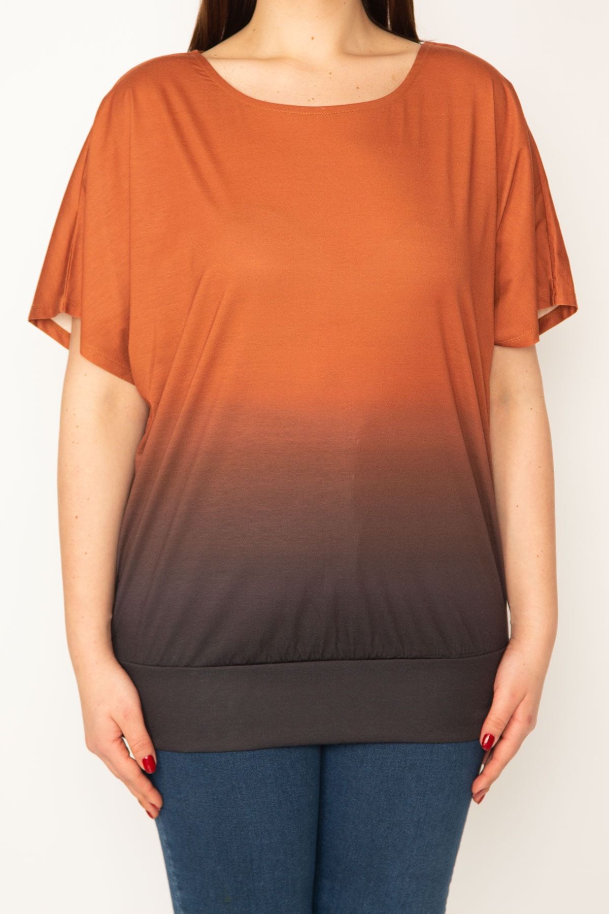 Şans-Women's Plus Size Orange Tie-Dye Patterned Low Sleeve Blouse with Skirt Tip Band 65n30615 4