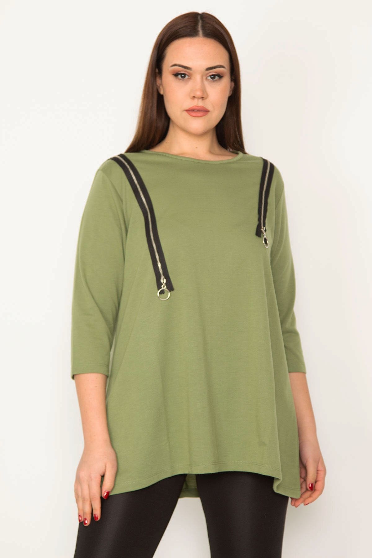 Şans-Women's Large Size Khaki Ornamental Zippered Tunic 65n32783 1