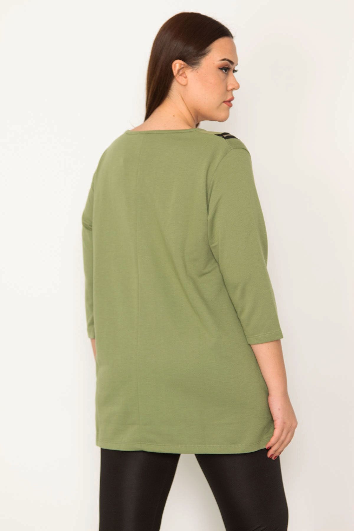 Şans-Women's Large Size Khaki Ornamental Zippered Tunic 65n32783 5