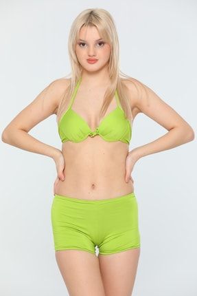 Fıstık Yeşili Kadın Likralı Yüksek Bel Boyundan Bağlamalı Hafif Destekli Şortlu Bikini P-038371
