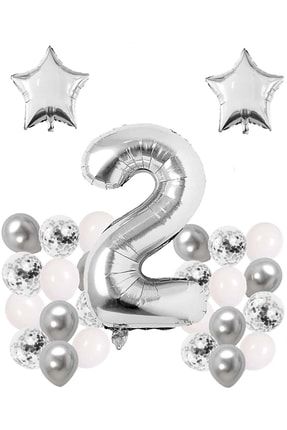 Gümüş Konsept 2 Yaş Doğum Günü Kutlama Seti; Beyaz Gümüş Konfetili Balon, Rakam Yıldız Folyo KTB0000004219-01