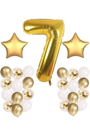Gold Konsept 7 Yaş Doğum Günü Kutlama Seti; Beyaz Gold Konfetili Balon, Rakam Yıldız Folyo TPKT000003121