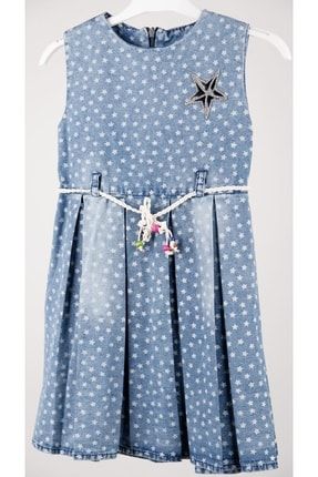 Kız Çocuk Taş Işlemeli Ip Kemer Detaylı Kolsuz Kot Elbise SRN-0076
