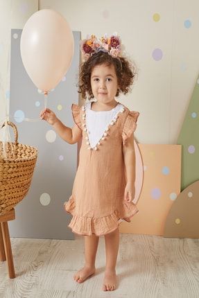 %100 Pamuk Yavruağzı Renkli Yakası Ponponlu Kız Çocuk Elbise BJ-YE-2022