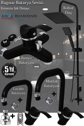 Mutfak, Lavabo, Banyo Bataryası Robot Duş Takımı Siyah Renk Armatür, Musluk Seti Batarya Banyo Seti TTR-0090