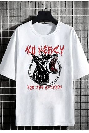 Unisex Oversize T-shirt No Mercy Ön Baskı Beyaz noMercy01