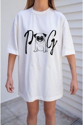 Oversize Unisex Pug Köpek Tasarımlı Beyaz Tshirt PGKPKVYZ