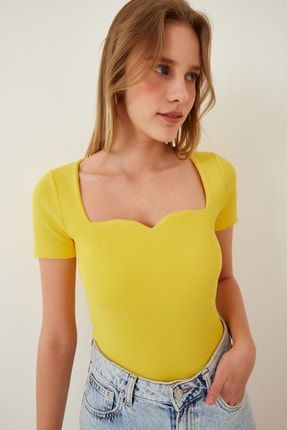 Kadın Sarı Kalp Yaka Fitilli Örme Bluz GT00182