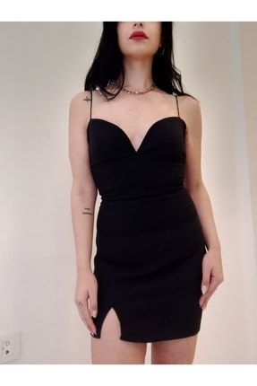 Ip Askılı Yırtmaçlı Mini Elbise Siyah Tipp10