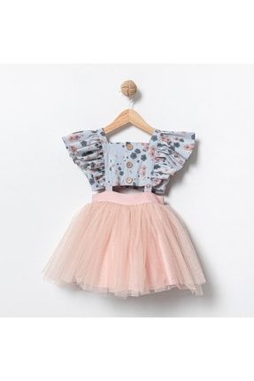 Kız Çocuk Çiçekli Fırfır Detaylı Kat Kat Tül Sevimli Şık Elbise sf225566541